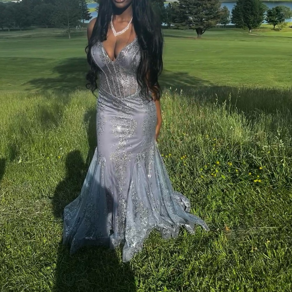 Jovani 3675 Beaded Mermaid Long Dress (Smokey blue)